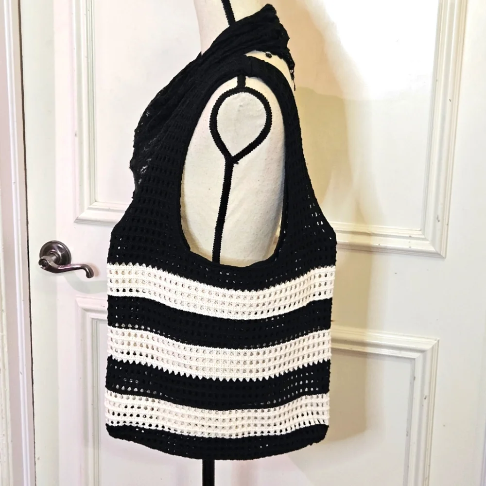 Hobo Black/Cream Stripe Crochet Knit Bohemian Tote Handbag,Large,NWOT
